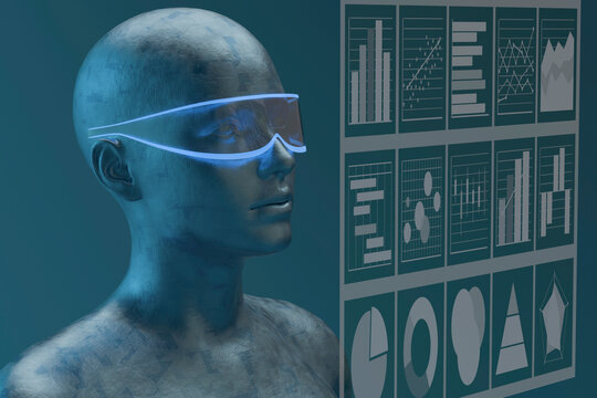 Metallic humanoid cyborg analyzing data on digital interface