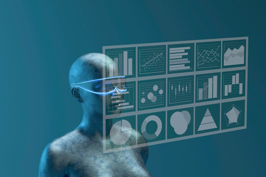 Metallic humanoid AI droid analyzing data on a virtual dashboard
