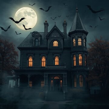 Haunted Victorian Mansion Under Full Moon with Flying Bats and Spooky Atmosphere