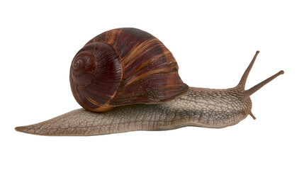 Garden snail with brown spiral shell moving on white © Thaddeus