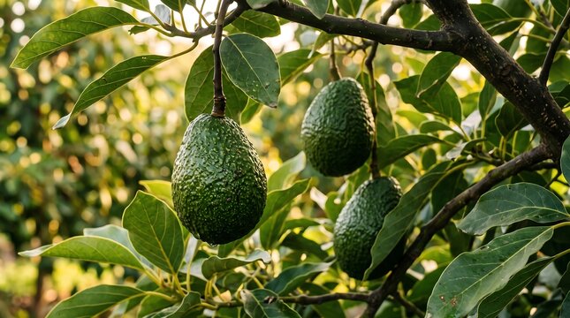 Ripe green avocados hanging on tree branch in sunlit orchard
