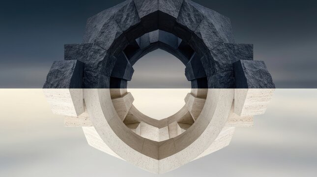 A symmetrical, abstract image combines three distinct architectural elements. The top portion features a dark, weathered stone archway, constructed from interlocking blocks, with a circular opening.