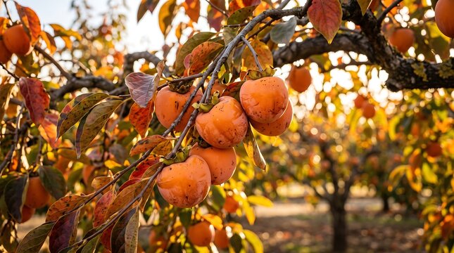 Ripe persimmons hanging on tree branch in autumn orchard