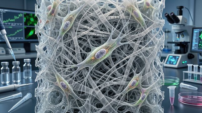 Ultra-realistic regenerative medicine laboratory visualizing living fibroblast cells constructing a dense extracellular matrix inside a hydrated biomaterial scaffold, intricate collagen fibers