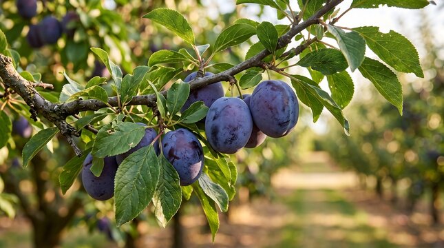 Ripe purple plums on a tree branch in a sunny orchard