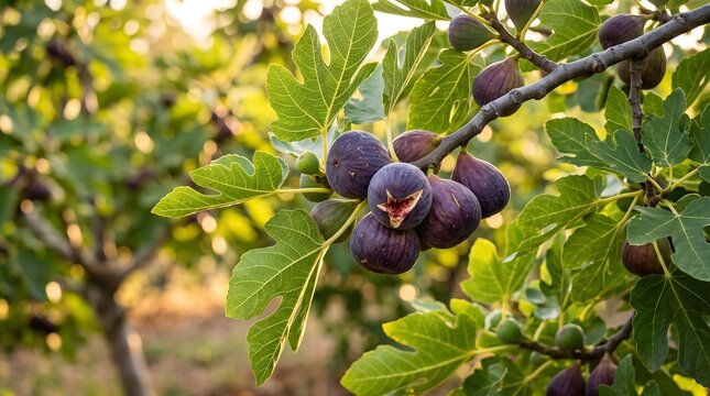 Closeup of ripe figs and green leaves on a fig tree in a sunny orchard