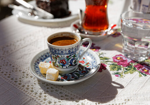 Turkey, Alacati, Turkish coffee on table