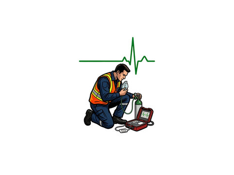 Paramedic In A High Visibility Vest Kneeling With An Oxygen Mask And Green Oxygen Tank Beside A Defibrillator Showing A Heart Rhythm In A Medical Illustration