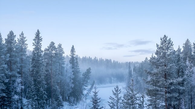 Winter forest landscape with frozen pine trees, snowy woodland scenery in morning mist, cold arctic nature background