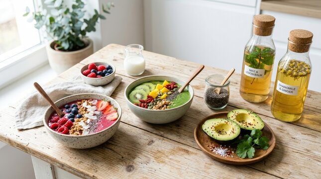 A bright and inviting still life showcases a vibrant bowl of a&ccedil;ai with berries, kiwi, and avocado, alongside a glass bottle of herbal infusion.