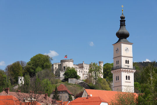 Austria, Carinthia, View of castle and St Markus Church at Wolfsberg