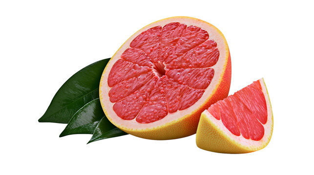 Grapefruit half and slice with green leaves