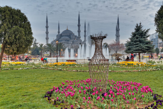 Turkey, Istanbul, Park and Blue Mosque
