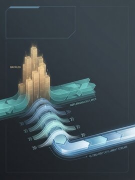 Backorder release wavefront from replenishment layer into outbound fulfillment stream, business logistics illustration with copy space