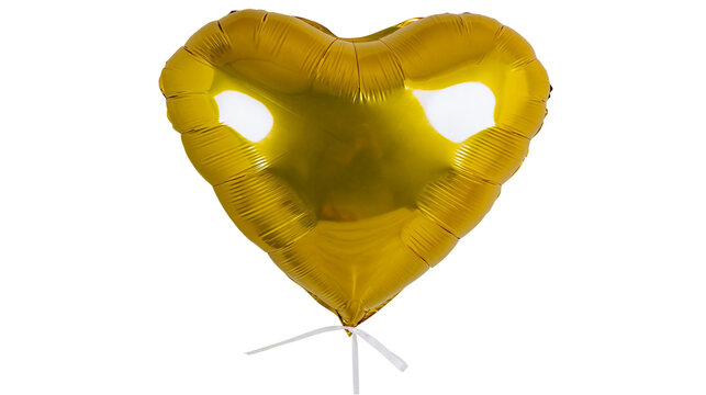 Shiny golden heart-shaped foil balloon with white ribbon
