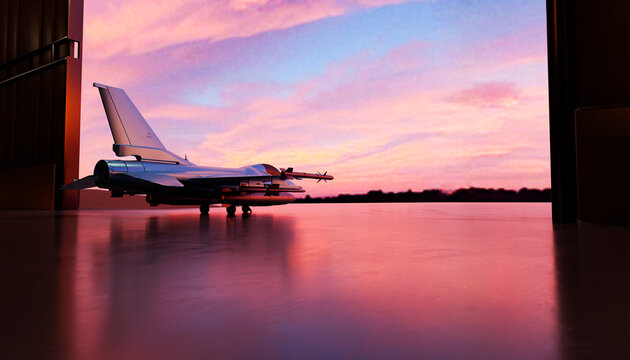 Fighter jet parked in a hangar at dusk with pink sky reflection