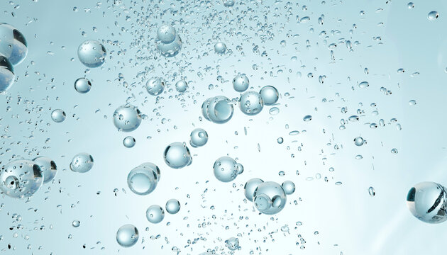 Clear water bubbles float against a light blue abstract background