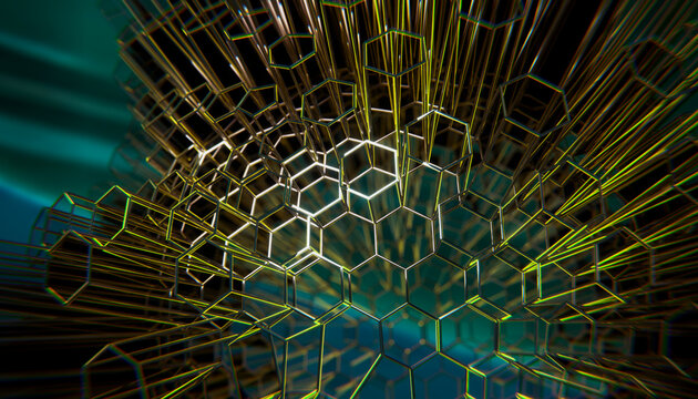Glowing 3D abstract structure of a hexagonal grid network