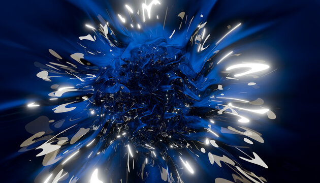 Abstract blue 3D explosion illuminates the dark background