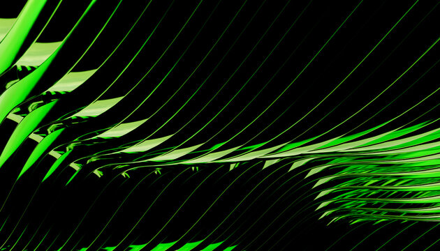 Luminous green curves create a dynamic abstract pattern in the dark