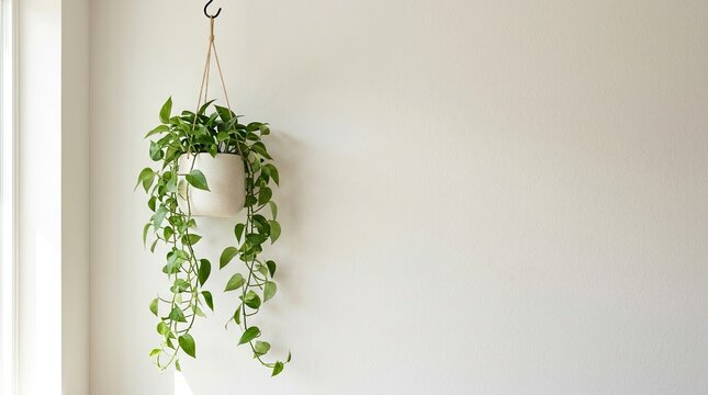 A trailing pothos plant hangs from a black hook against a plain white wall. The plant&rsquo;s vibrant green leaves cascade downwards, creating a lush, trailing effect.