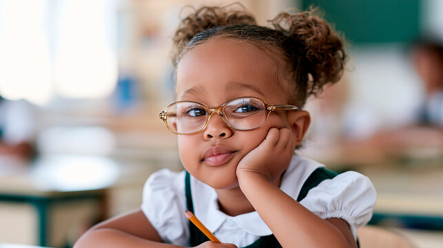 little African American schoolgirl sitting at a desk at school

