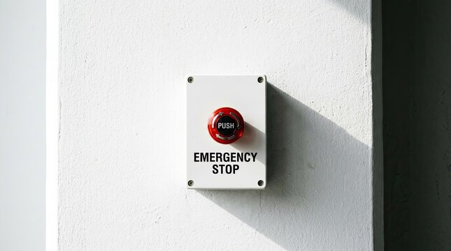 An emergency stop button is mounted on a white wall. The button has a red circular push indicator and the words "EMERGENCY STOP" are printed below it.