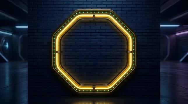 Octagonal neon frame glowing with bright yellow light mounted on a textured dark blue brick wall in a futuristic architectural setting with deep shadows surrounding