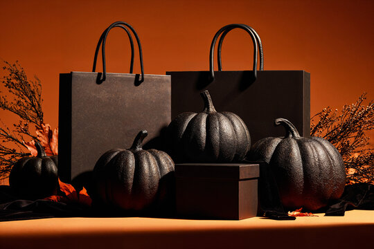 Black Halloween Shopping Bags, Gift Box and Pumpkins