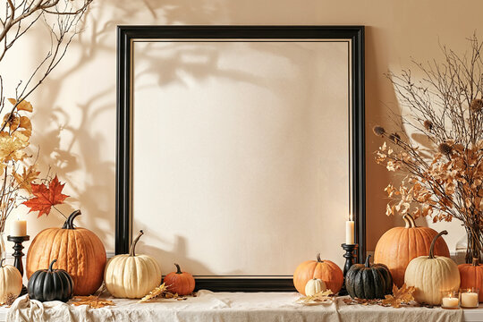 Blank Black Frame Mockup with Pumpkins and Candles