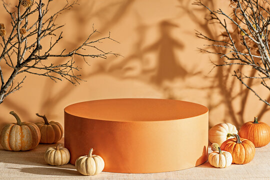 Orange Halloween Podium Surrounded by Pumpkins