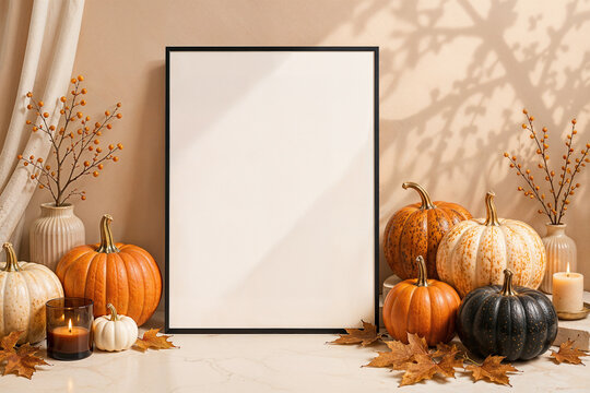 Blank Poster Frame with Pumpkins and Candlelight