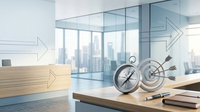 A wooden desk sits in a modern office, featuring a compass and a pen. An arrow graphic indicates direction.