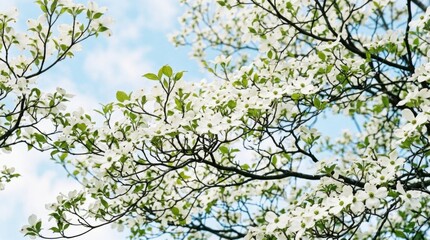 Fototapeta premium Beautiful White Dogwood Blossoms Against a Bright Blue Sky.