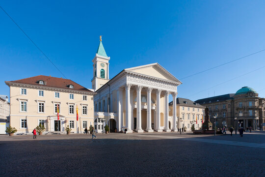 Germany, Baden Wuerttemberg, Karlsruhe, View of church and market place