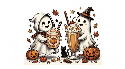 Fototapeta premium Vintage Halloween Coffee and Milkshake Illustration with Ghost Characters Pumpkin and Candy Corn Details