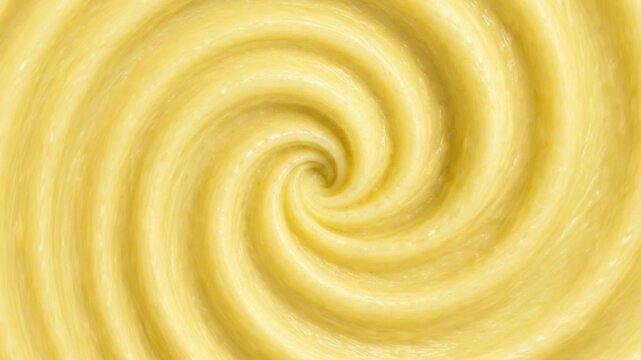 Abstract Glossy Yellow Mango Cream Swirl Portrait Background with Smooth Liquid Texture, Rotating Spiral Dessert Pattern, Full Frame Macro Food Surface for Packaging and Advertising