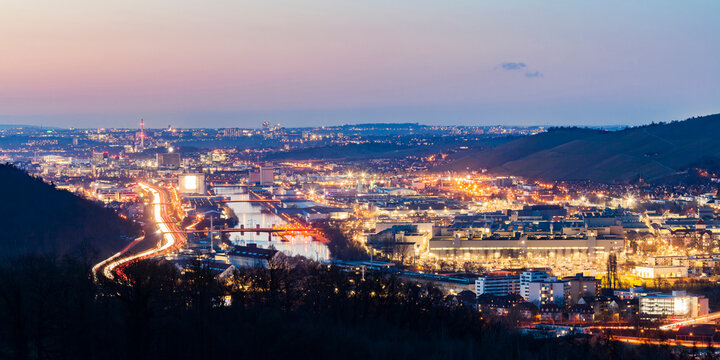 Germany, Baden-Wuerttemberg, Stuttgart, Esslingen-Mettingen, Neckar Valley, Neckar river, port area, industrial area, Mercedes Benz Factory in the evening