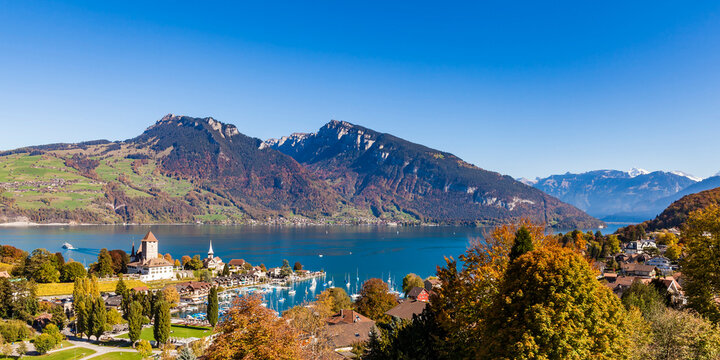 Switzerland, Canton of Bern, Spiez, Lake Thun and Spiez Castle