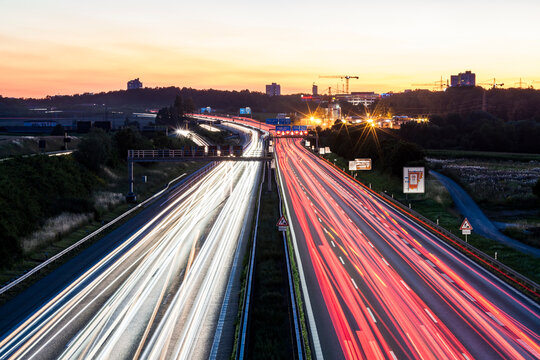 Germany, Baden-Wuerttemberg, Stuttgart, Autobahn A8 in the evening, light trails