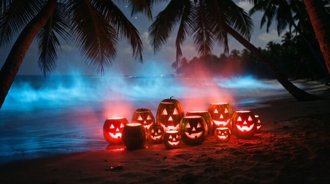 Group of glowing carved watermelon jack-o'-lanterns on a misty tropical beach at night with bioluminescent blue waves