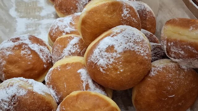 Golden sugar-dusted pastries arranged in a rustic bakery tray, sweet dessert, traditional baking, bakery display, indulgent treat, food retail, homemade pastry. Fluffy doughnuts in powdered sugar