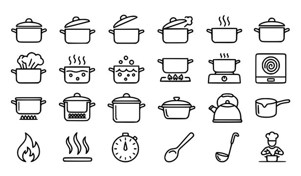 Professional Cooking Pot and Saucepan Thin Line Icon Collection with Boiling Water and Steam Symbols