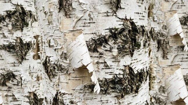 Close-up Texture of Birch Tree Bark with Peeling Layers.
