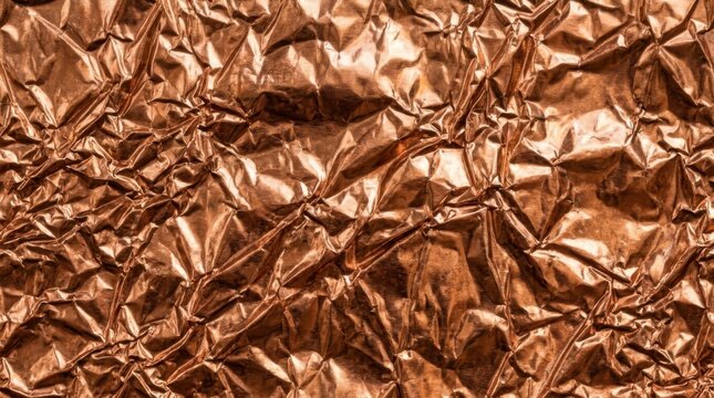 Close-up Texture of Crinkled Copper Foil with Reflective Highlights.