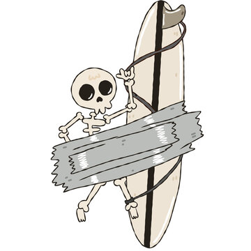 Skeleton Surfer Holding Longboard with Duct Tape Cute Halloween Surfing Doodle Illustration