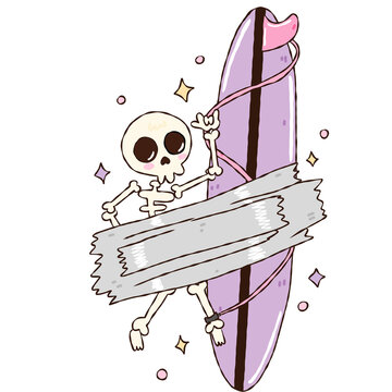 Skeleton Surfer Holding Purple Longboard with Duct Tape Cute Spooky Halloween Surf Illustration