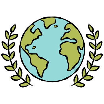 Planet Earth with Green Leaf Wreath Environmental Conservation Earth Day Doodle Illustration