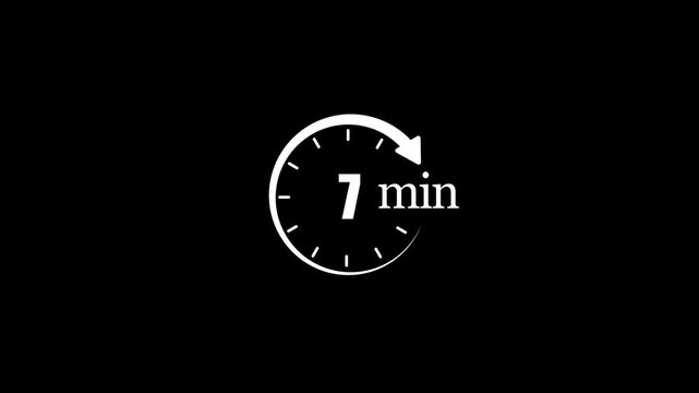 Minimalist countdown timer animation 7 minute clock with smooth second hand motion, dark background, loopable