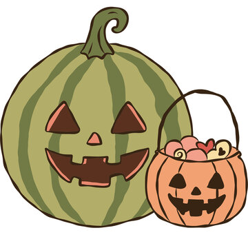 Watermelon Jack O Lantern with Pumpkin Candy Bucket Cute Trick or Treat Halloween Illustration
